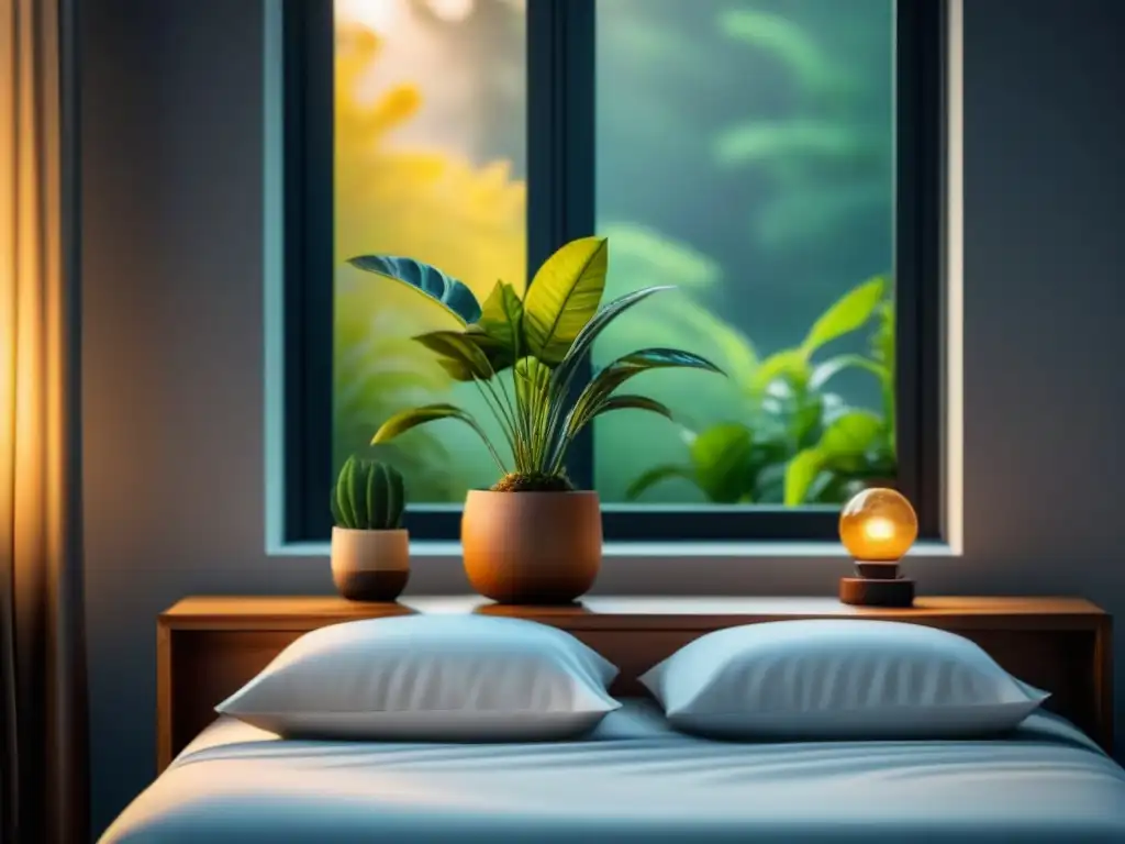 Tranquilo dormitorio minimalista con vistas al jardín Minimalista dormitorio sereno con cama plataforma blanca, mesa noche madera y planta, ventana jardín soleado