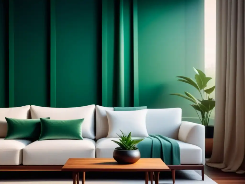 Sofisticada sala minimalista: sofá blanco, arte abstracto y plantas verdes Decoración minimalista para mente tranquila: Sala serena con sofá blanco, mesa de centro de madera, arte abstracto y plantas verdes