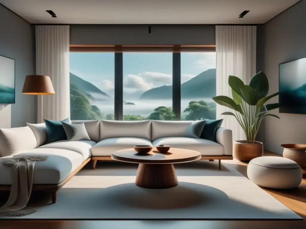 Salón minimalista en tonos neutros: armonía y serenidad Decoración minimalista para paz interior: Sala serena con sofá blanco, mesa de café de madera y arte abstracto en la pared