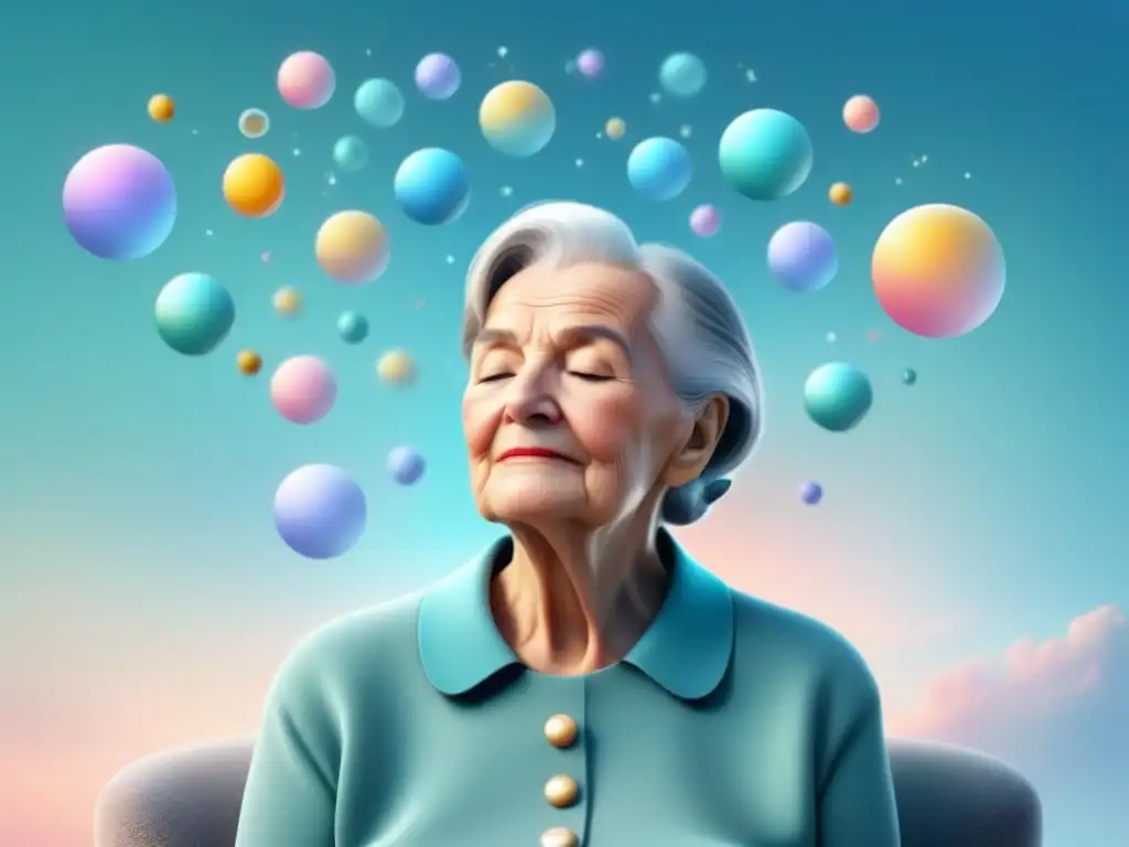 Armonía tecnológica para adultos mayores Ilustración minimalista de persona mayor relajada rodeada de suaves iconos de apps en tonos pastel