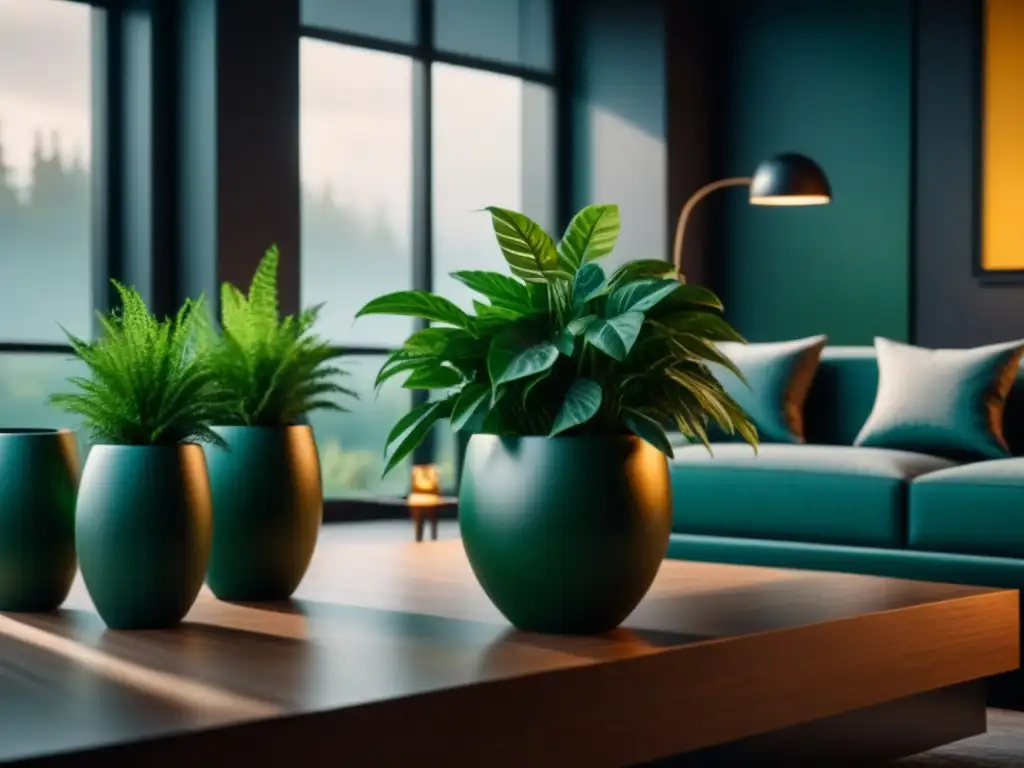Salón moderno con plantas verdes en macetas minimalistas Decoración minimalista con plantas relajantes en sala moderna de colores monocromáticos
