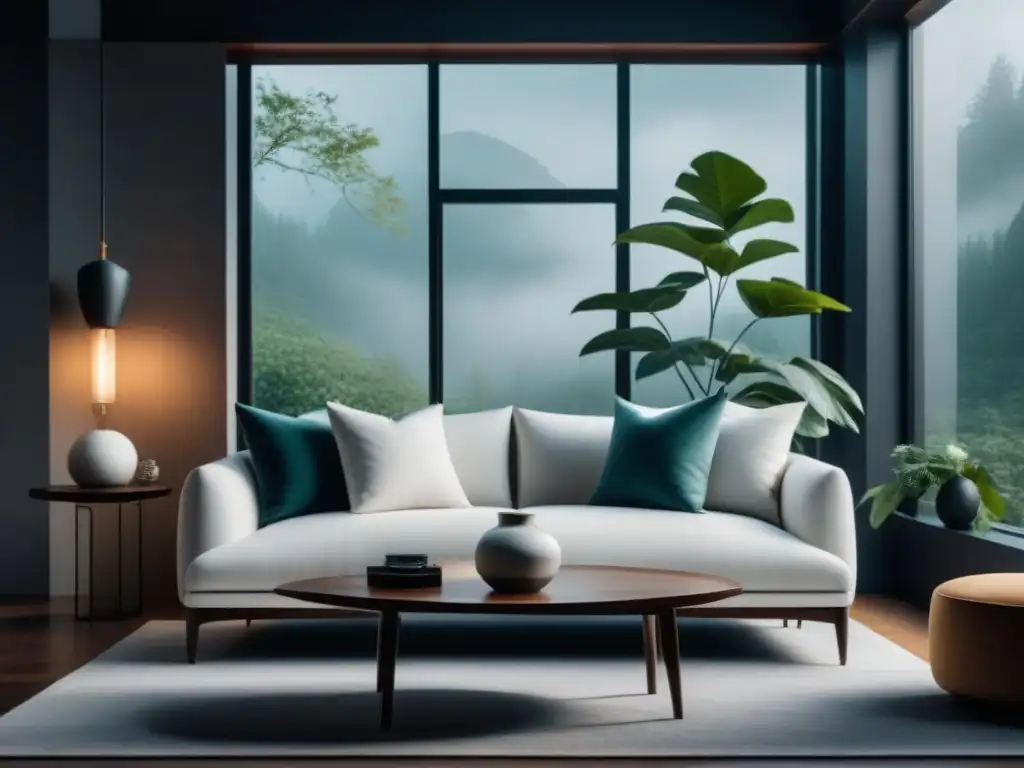 Sofisticada sala minimalista con toques naturales y modernos Decoración minimalista para relajación en casa: Sala serena con sofá blanco, mesa de café simple y detalles cuidadosamente elegidos