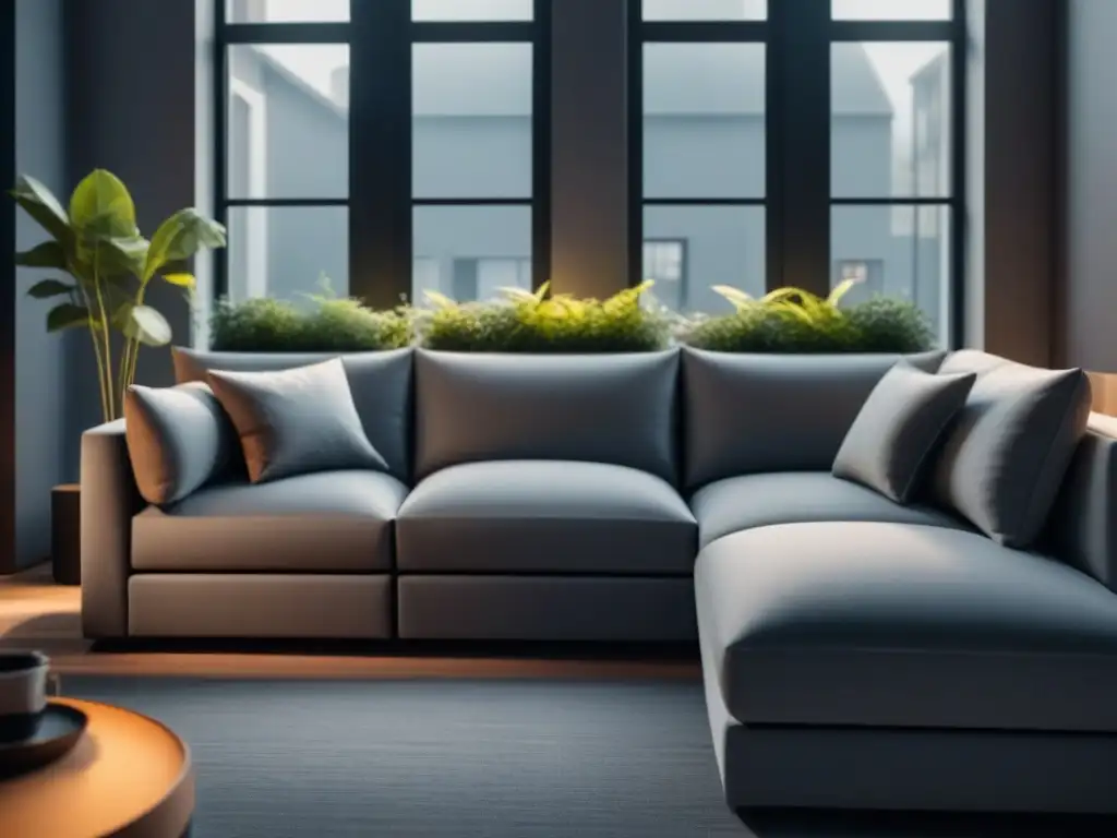 Sofá moderno con almacenamiento secreto en gris suave Sofá moderno con almacenamiento oculto, en tela gris suave y líneas limpias, en un ambiente acogedor con luz natural