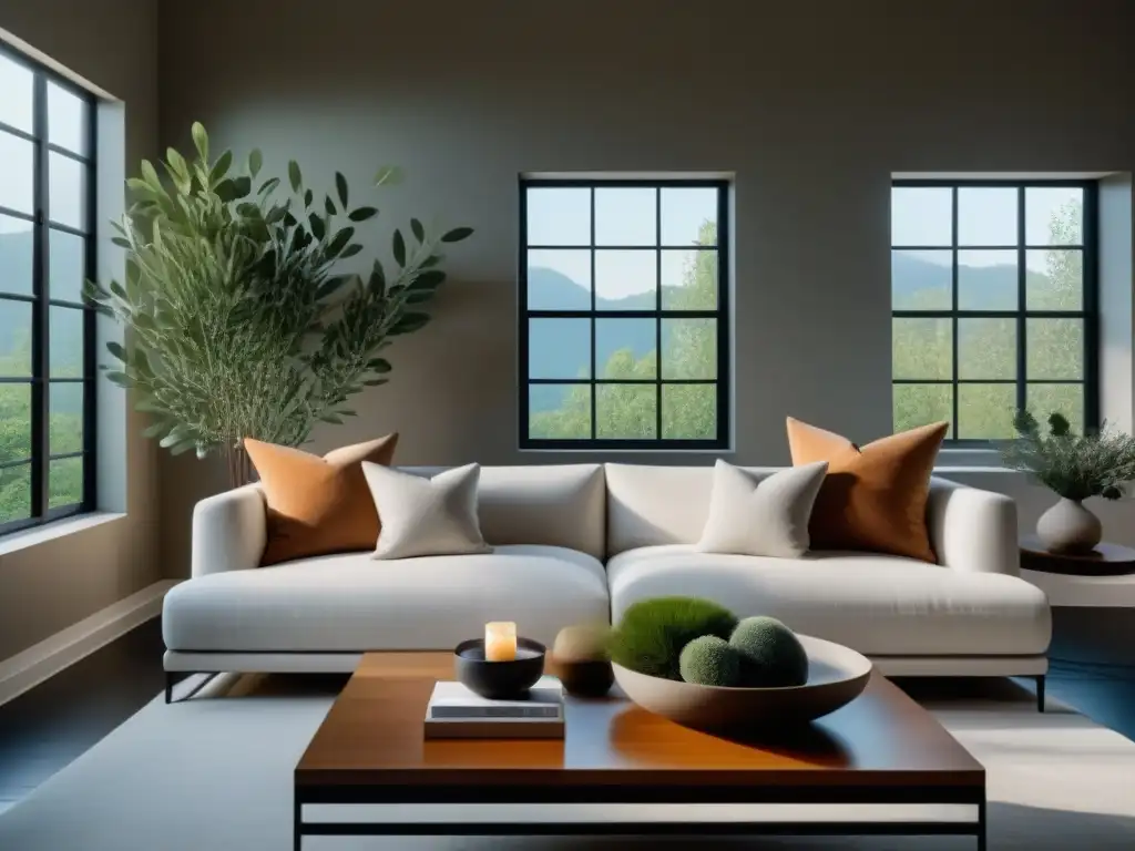 Sofisticada sala de estar con sofá blanco y aromaterapia Un moderno salón con sofá blanco y cojines en tonos tierra