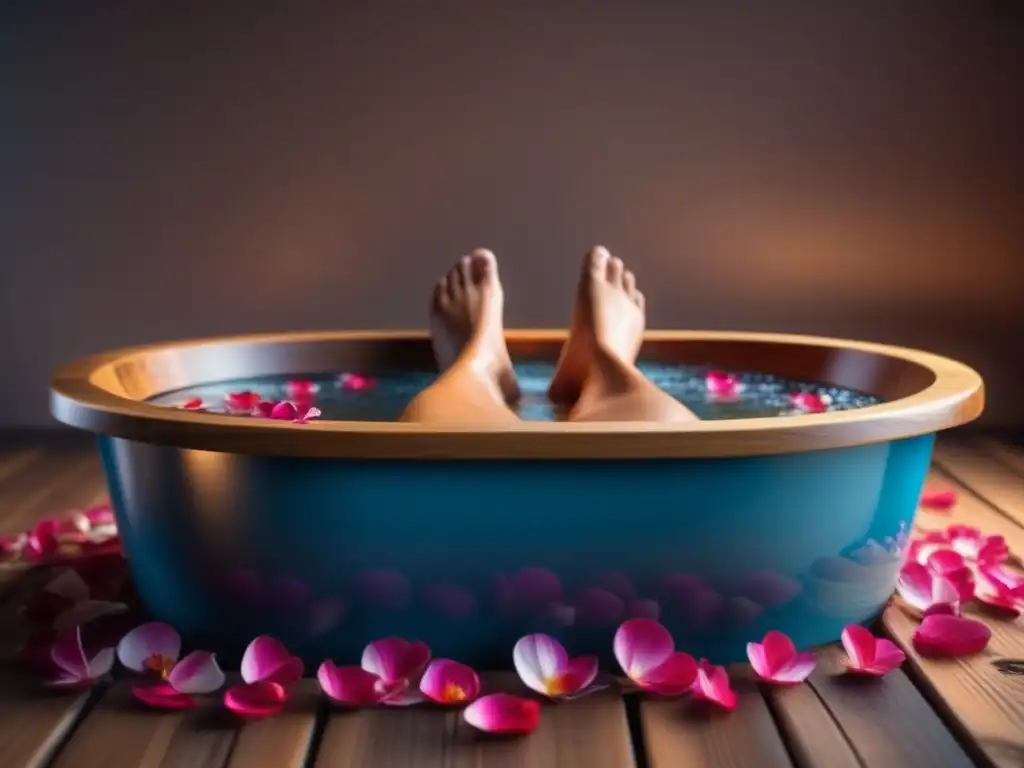 Sumérgete en serenidad: baño de lujo con pétalos de flores Un momento de relajación en casa con baños de pies relajantes en una lujosa tina de madera con pétalos de flores