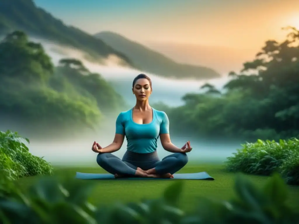 Armonía en postura de yoga: serenidad entre naturaleza Un momento de paz y armonía en yoga, rodeado de luz y naturaleza