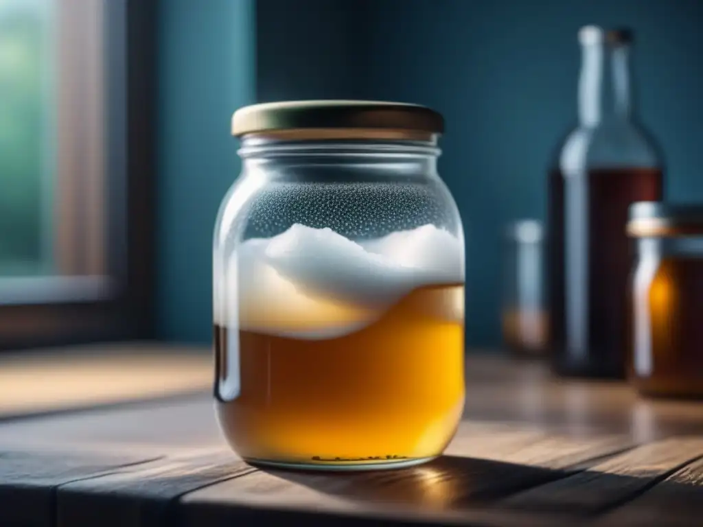 Kombucha casero: fermentación natural en frasco de vidrio Un momento de paz con probióticos caseros para relajación profunda
