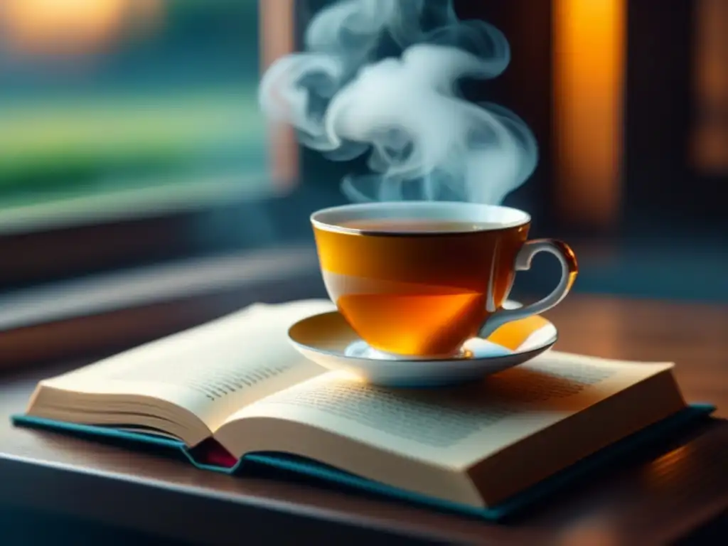 Taza de té herbal sobre libro abierto: momento de tranquilidad Un momento tranquilo: taza de té sobre libro, luz natural