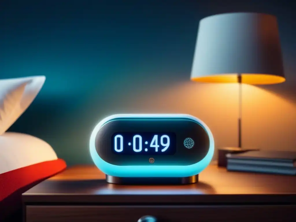 Monitor de sueño moderno en ambiente relajante Un monitor de sueño moderno en una mesita de noche, con ondas de sueño profundo