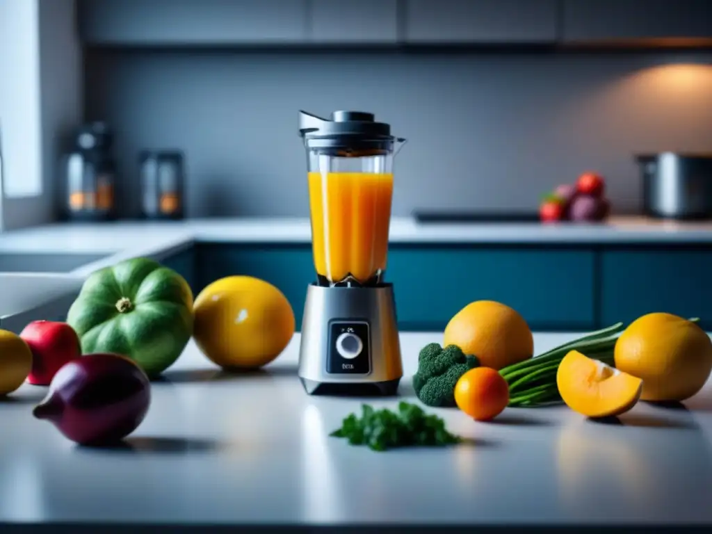Cocina saludable y personalizada: frutas, verduras y consejos nutricionales Un mostrador de cocina sereno y minimalista con frutas, verduras, jugo fresco y notas de nutrición personalizada