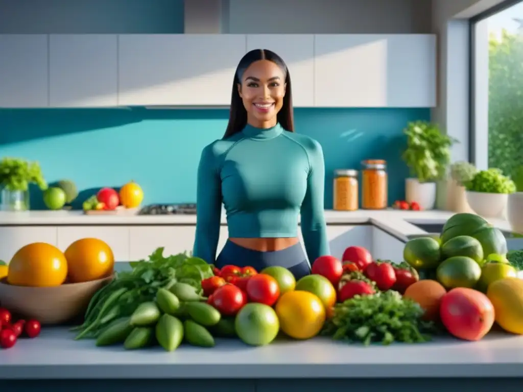 Preparación de comida saludable con frutas y especias Una mujer sonriente en ropa deportiva preparando una comida vibrante y nutritiva en una cocina soleada con frutas frescas y especias coloridas