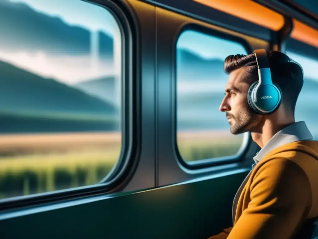 Tranquilidad en tren: mirada serena hacia paisaje Disfrutando de música relajante para viajes largos mientras contempla el paisaje desde el tren