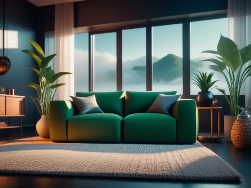 Iluminación natural para hogar relajante: Sala de estar moderna y acogedora con luz suave, rincón de lectura y plantas