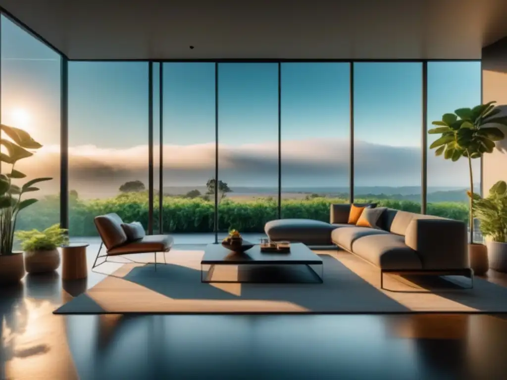 Diseño interior minimalista con luz natural y plantas Iluminación natural en el hogar: Sala minimalista con ventanales altos, muebles modernos y plantas
