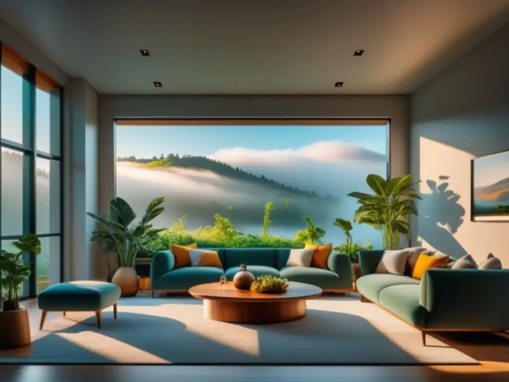 Salón minimalista bañado por luz natural y plantas Iluminación natural en el hogar: Sala minimalista con luz solar inundando el ambiente, resaltando la calidez y serenidad