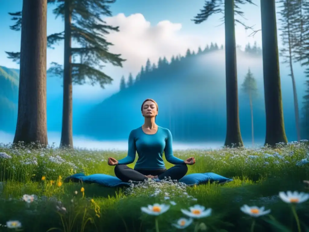 Meditación en la naturaleza: persona en paz rodeada de flores y árboles