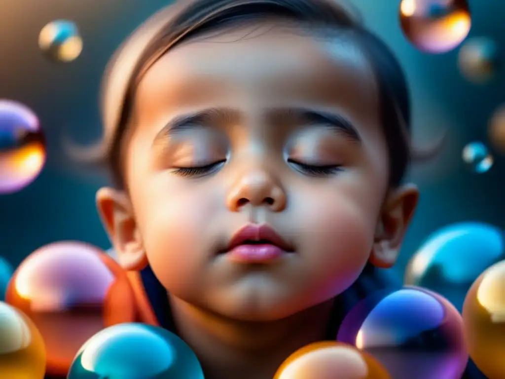 Rostro sereno de niño rodeado de burbujas pastel Niño en calma rodeado de burbujas, expresión serena, técnicas de relajación para niños
