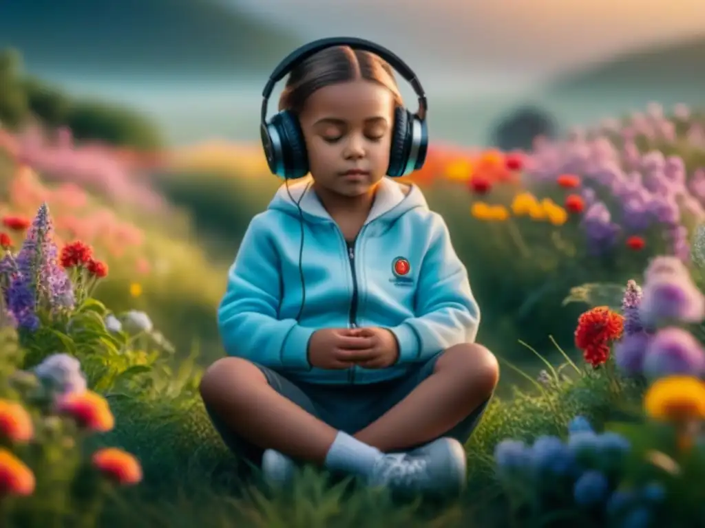 Paz y armonía: niño disfrutando de la naturaleza al atardecer Un niño escuchando música relajante en un campo de flores al atardecer
