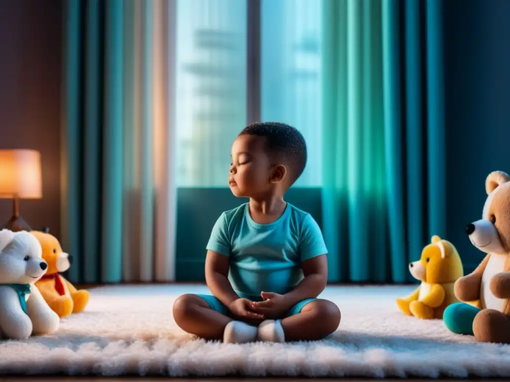 Niño meditando rodeado de peluches y bloques de colores Niño en relajación progresiva rodeado de juguetes en casa