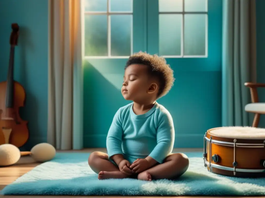 Paz y armonía: niño en meditación rodeado de música suave Un niño relajado en un ambiente sereno rodeado de instrumentos musicales, transmitiendo paz y calma