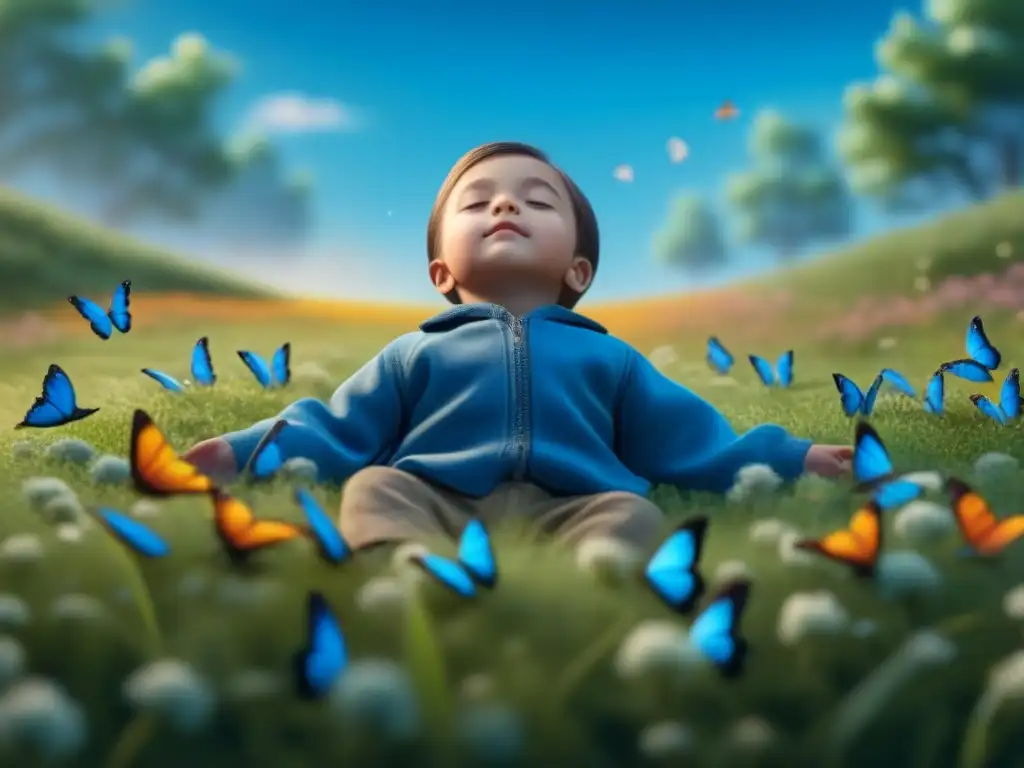 Paz infinita: niño descansando en campo con mariposas Un niño relajado en un campo con mariposas