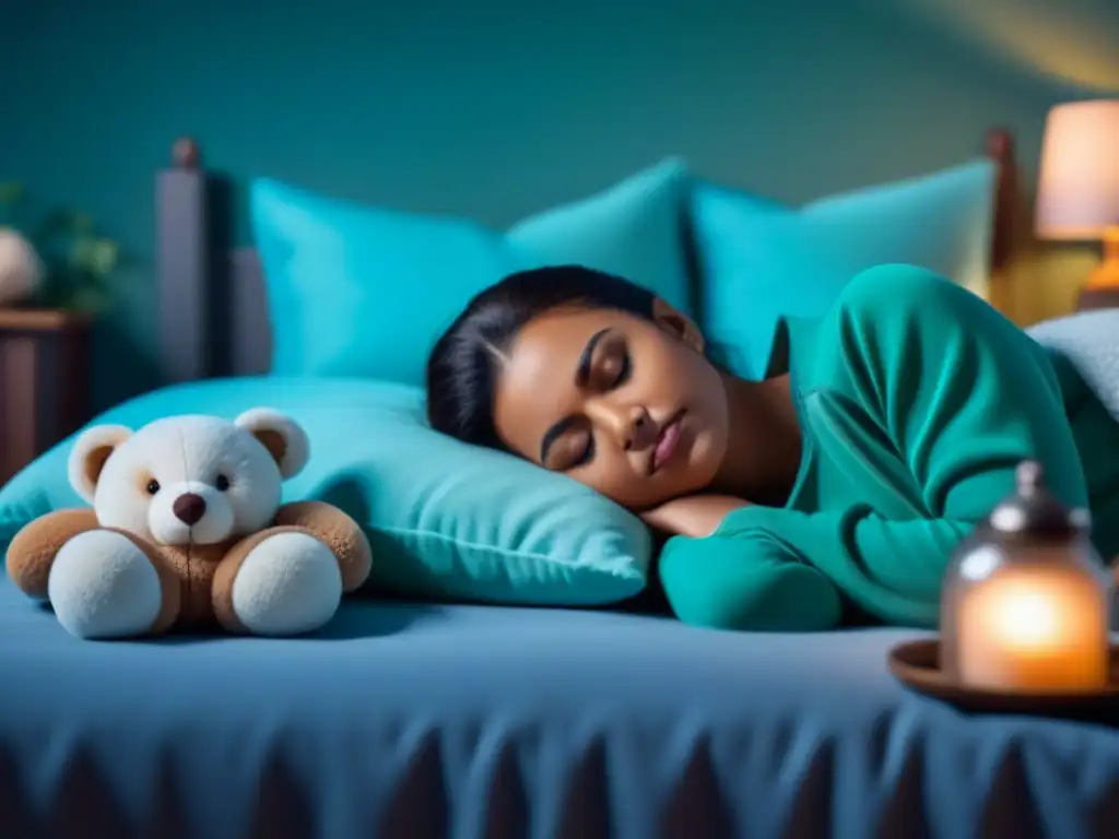 Paz y tranquilidad: niño durmiendo plácidamente en dormitorio acogedor Un niño duerme tranquilamente rodeado de peluches en un dormitorio acogedor, con una paleta de colores relajantes
