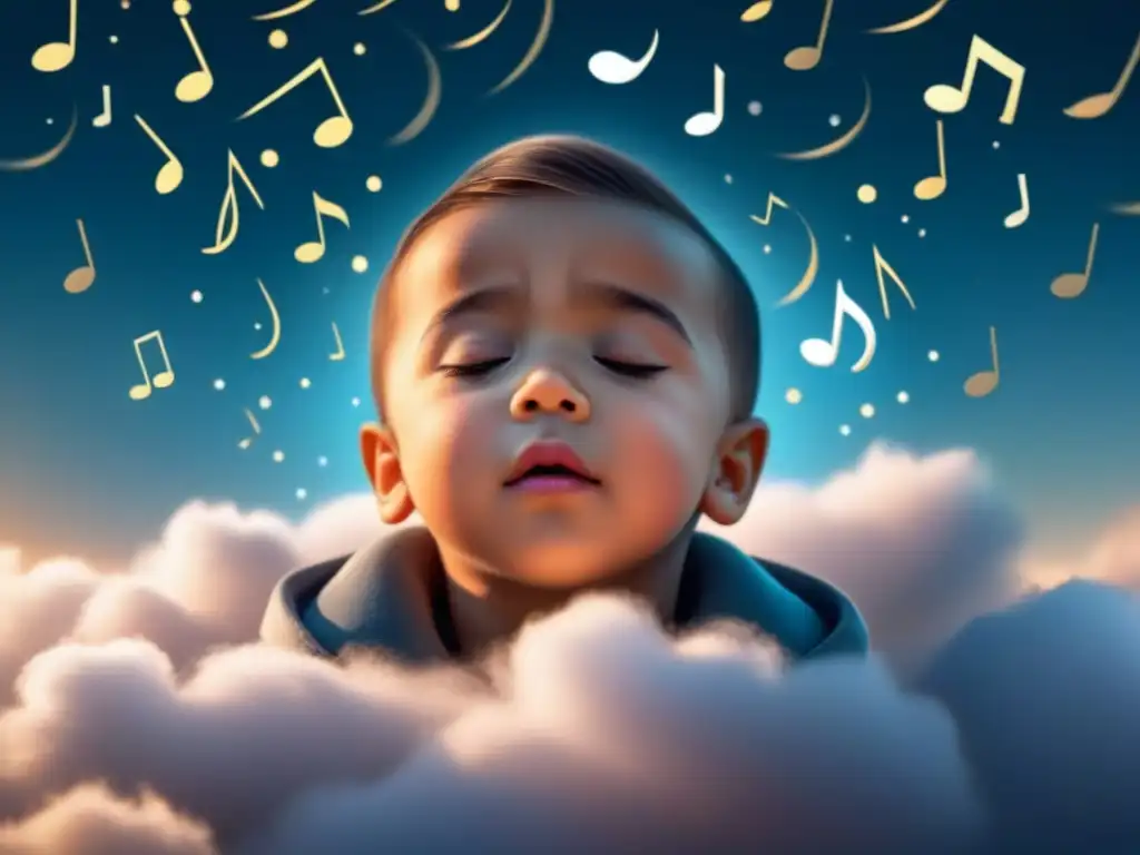Rostro sereno: niño sonriendo entre notas musicales Un niño sereno, con los ojos cerrados y una sonrisa suave, rodeado de notas musicales flotantes