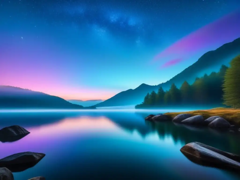 Escena nocturna serena: lago estrellado para relajación Visualización para dormir profundamente: Noche serena junto al lago estrellado, transmitiendo calma y tranquilidad