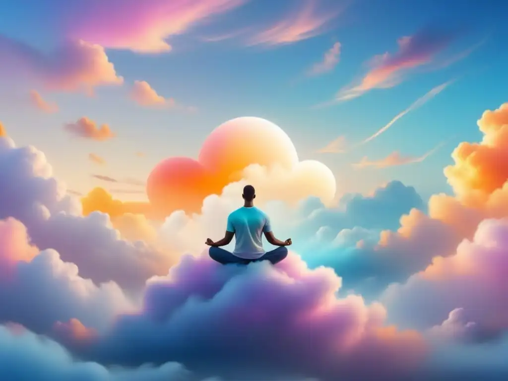 Mediación en nube: visualización guiada para relajación profunda Figura en nube rodeada de colores pastel transmite visualización guiada para relajación profunda