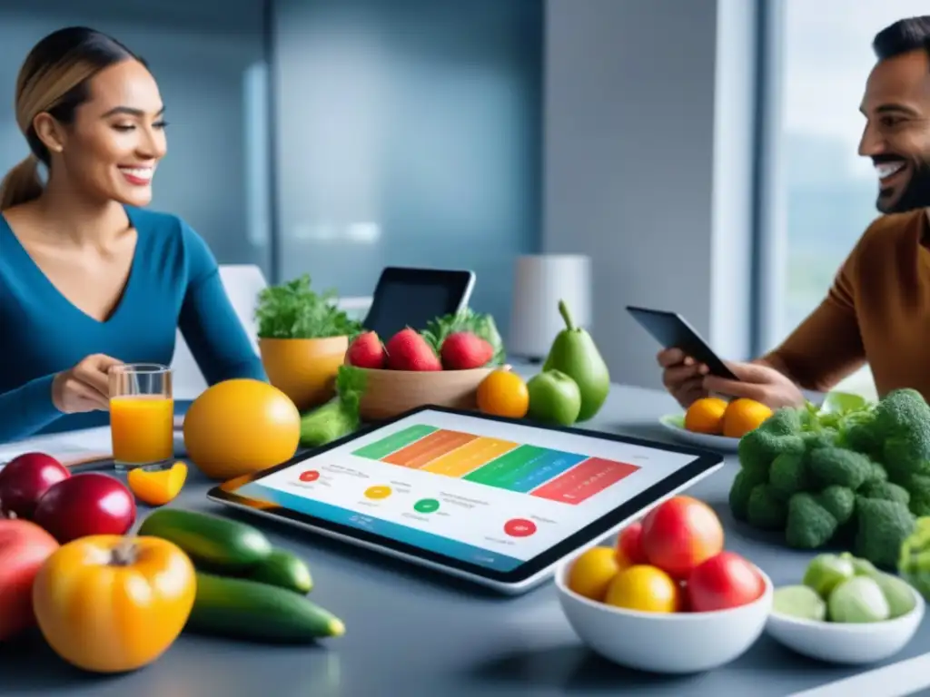 Conversación nutricional inspiradora en un moderno consultorio Una nutricionista y grupo diverso discuten un 'Programa de nutrición personalizado' entre frutas y verduras coloridas