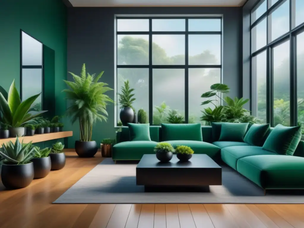 Serenidad verde en sala moderna con plantas exuberantes Un oasis de calma con decoración con piedras y plantas, en un salón moderno con ventanales