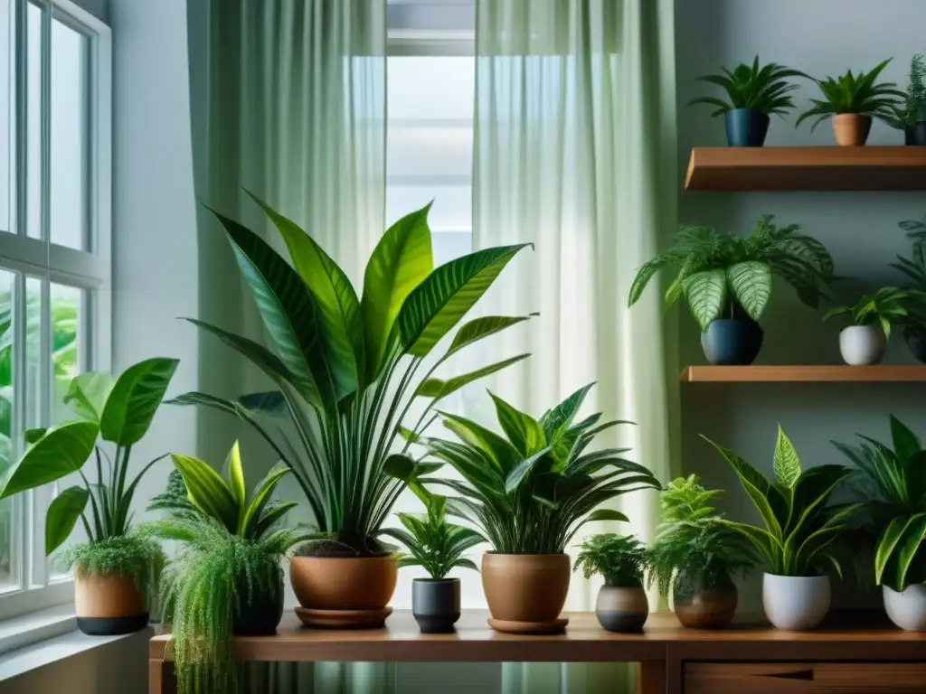 Jardín interior sereno: oasis de plantas verdes en un ambiente luminoso Un oasis interior de plantas para relajación en casa, iluminado por el sol, creando armonía y tranquilidad