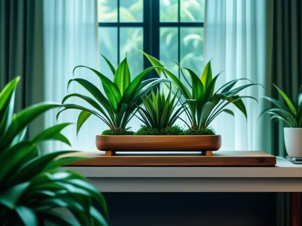 Oasis interior sereno con plantas verdes para relajación Un oasis interior sereno con plantas purificadoras de aire relajantes para cuidar
