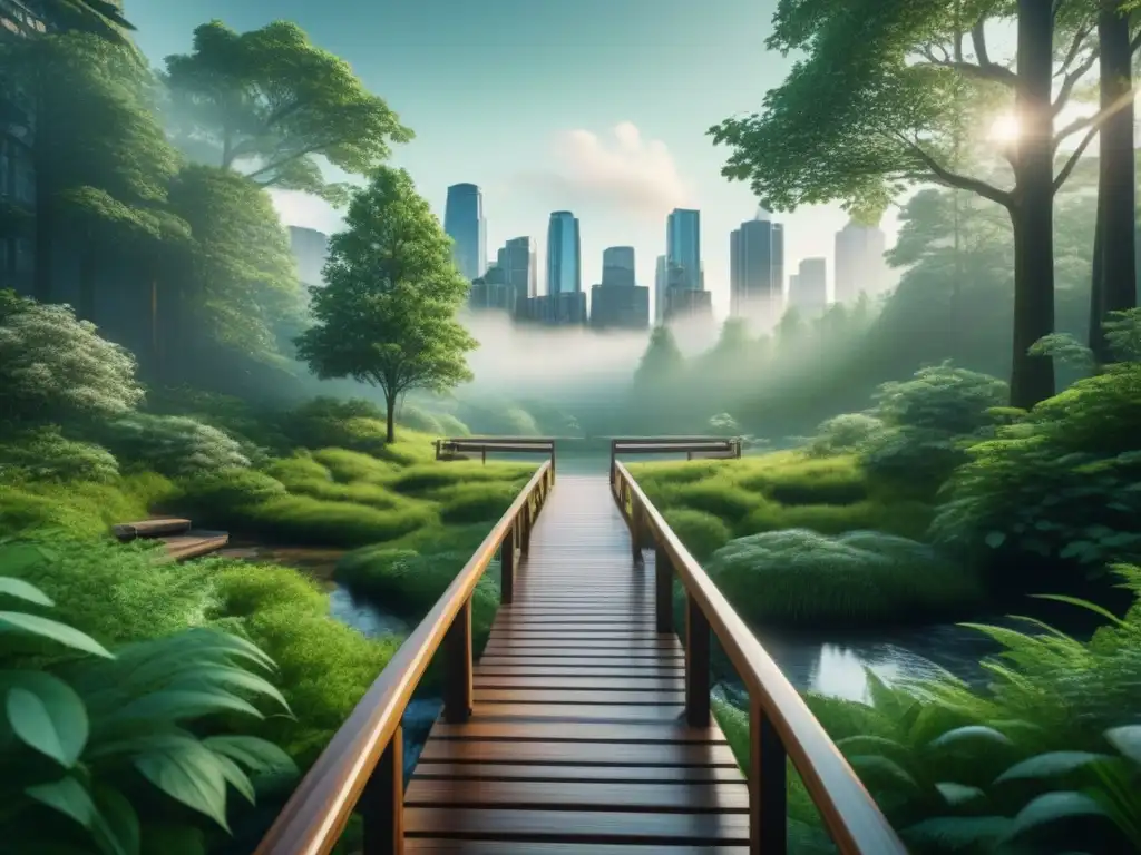 Bosque urbano sereno: naturaleza en la ciudad Un oasis de paz en la ciudad: ilustración detallada de baños de bosque urbanos en casa, fusionando naturaleza y entorno urbano
