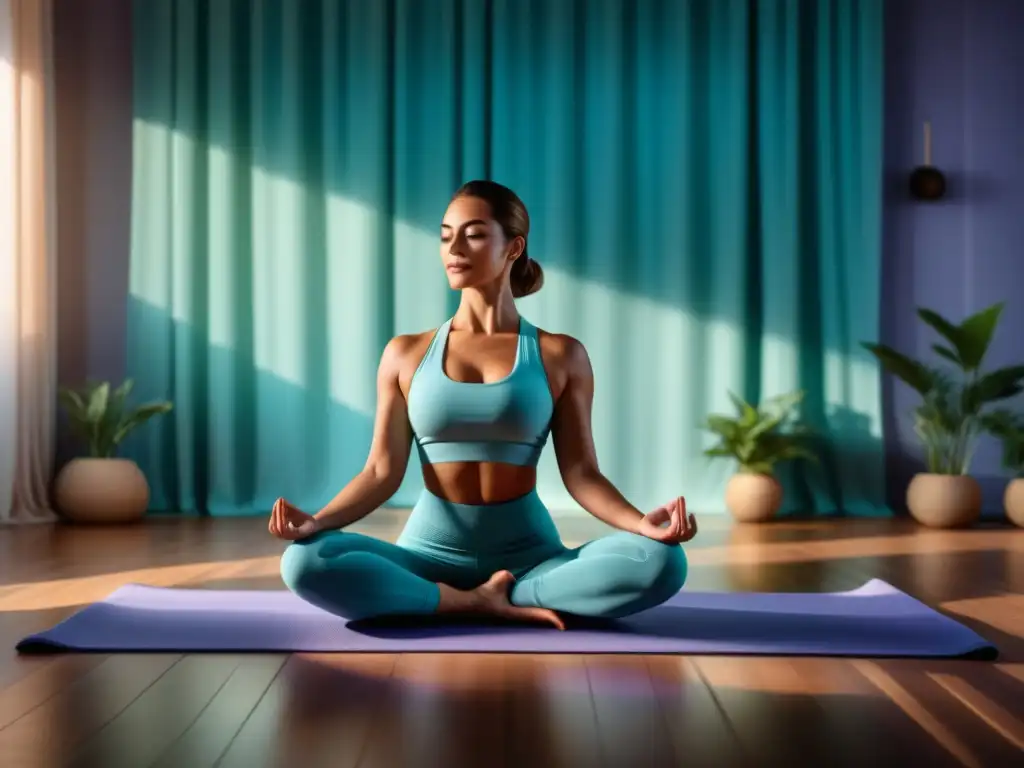 Estudio de yoga en casa: serenidad en pastel con esencia de lavanda Un oasis de paz interior con yoga en casa, en un estudio minimalista y sereno con tonos suaves de azules y verdes