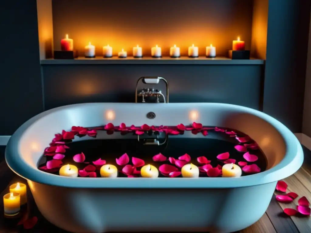 Experiencia de baño lujoso y relajante con rosas y velas Un oasis de relajación con aceites: bañera lujosa llena de agua tibia, pétalos de rosa, velas y botellas de aceites esenciales