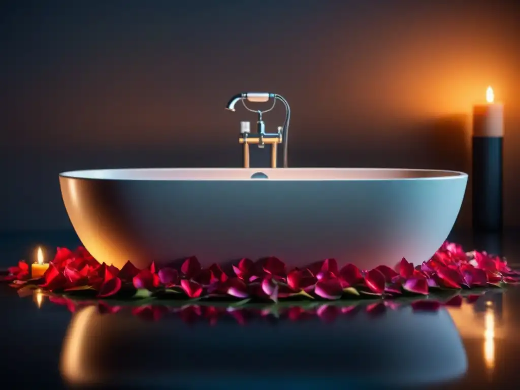 Baño relajante: bañera moderna con pétalos de rosa y velas Un oasis de relajación con aceites: bañera moderna llena de agua tibia y pétalos de rosa, luz de velas y tranquilidad