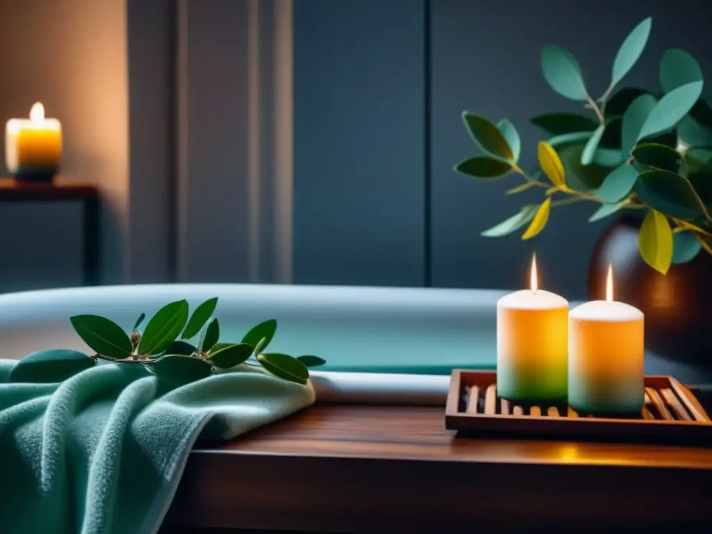 Spa en casa: baño relajante con té verde y antioxidantes Un oasis de relajación en casa con bañera blanca, velas aromáticas, eucalipto y suplementos antioxidantes para relax