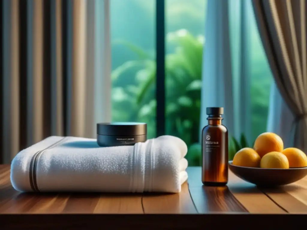 Un oasis de relajación con Kits de Detox de Lujo: botellas elegantes, toallas blancas y frutas frescas en una mesa moderna de madera