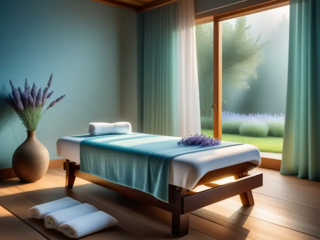 Tranquilo spa con mesa de masajes de madera y toallas blancas Un oasis de relajación: mesa de masajes de madera, toallas blancas y lavanda fresca