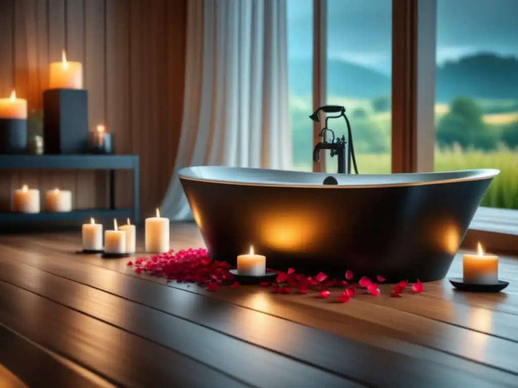 Escena relajante de spa: bañera negra con pétalos de rosa y velas Un oasis de relajación con velas y aromas relajantes en un spa sereno
