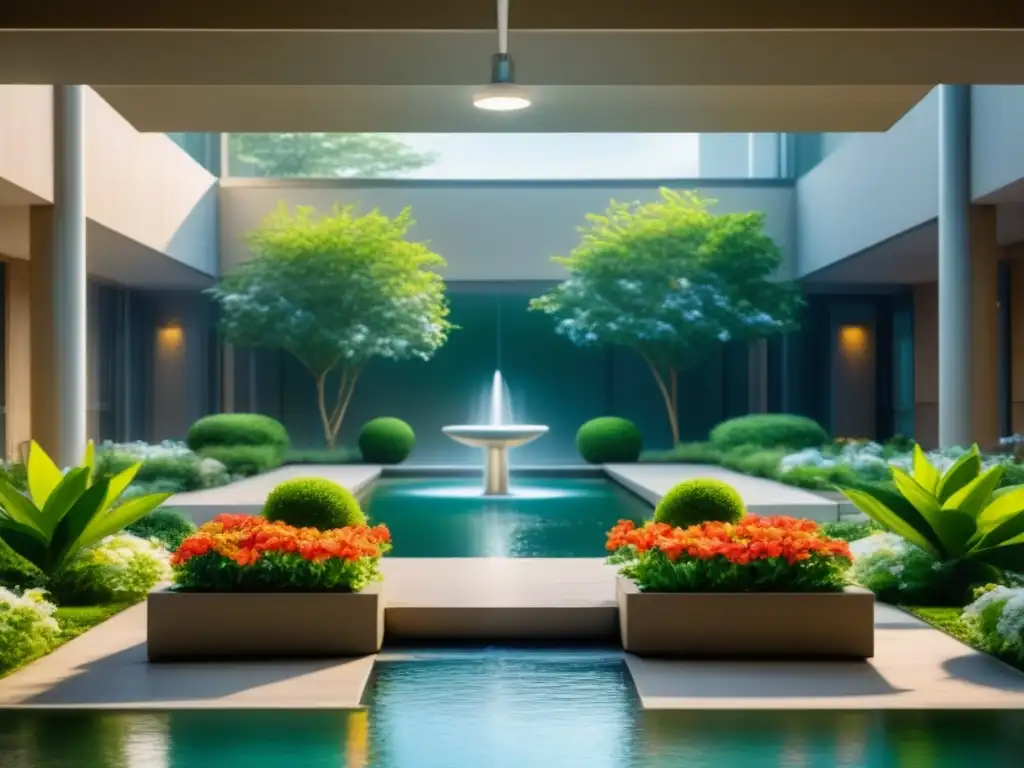 Tranquil patio hospitalario con naturaleza exuberante y fuente relajante Un oasis de serenidad y calma en un patio hospitalario con plantas verdes y flores, rodeado de asientos cómodos y una fuente en el centro