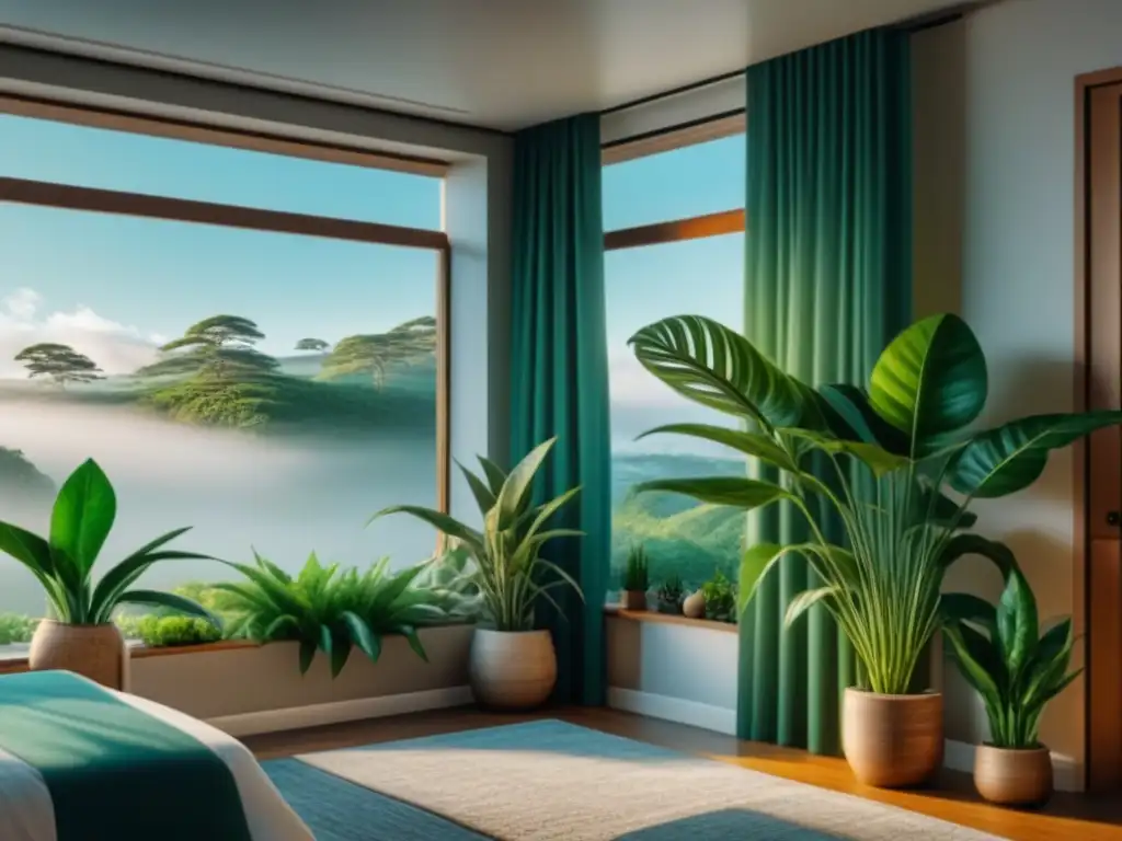 Espacio interior sereno con plantas verdes: belleza natural en casa Un oasis de serenidad con plantas purificadoras del aire relajantes cuidar en un espacio interior luminoso y minimalista