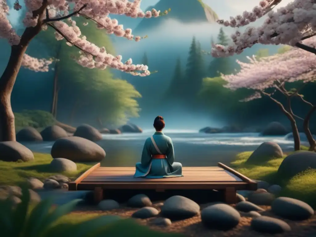 Jardín Zen en Realidad Virtual: Meditación y Serenidad Un oasis de serenidad en realidad virtual: jardín florido, arroyo tranquilo y meditador en paz