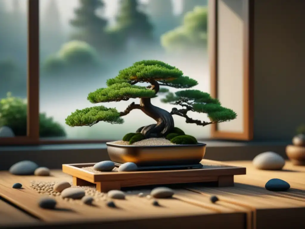Jardín Zen interior sereno con arena y bonsái Un oasis de serenidad: Jardín zen interior relajante en casa con arena, piedras, bonsái y banco de madera en suave luz natural