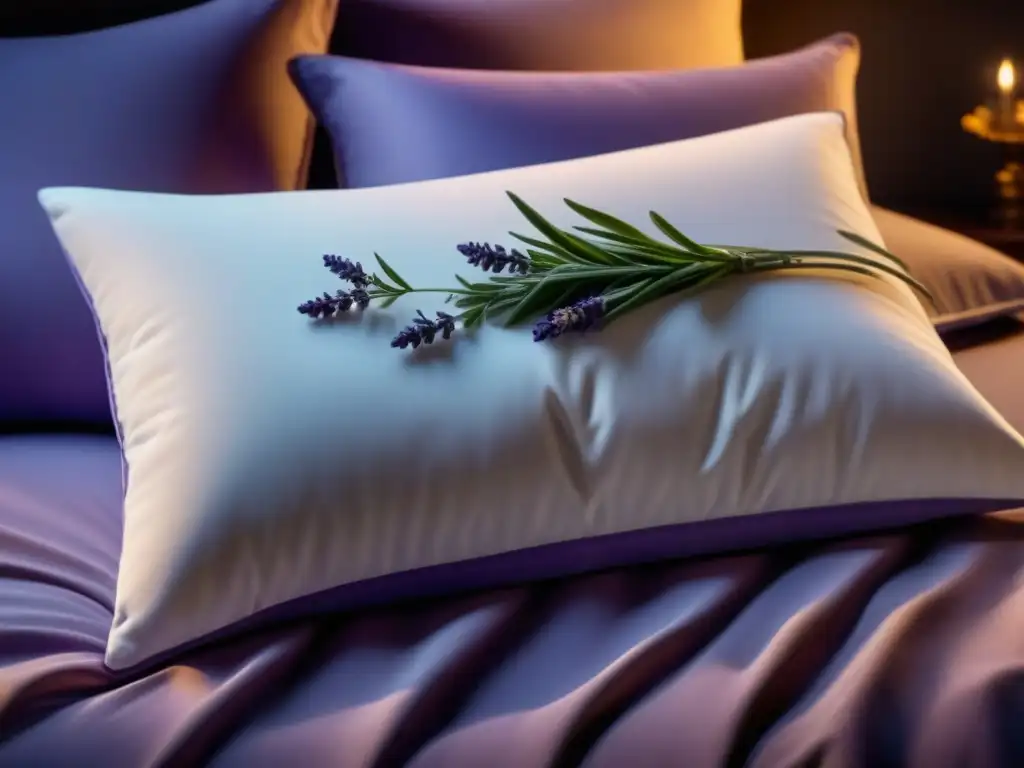 Pillow de lujo con aroma a lavanda en ambiente relajante Un oasis de tranquilidad: almohada de espuma viscoelástica blanca con aroma a lavanda, decorada con lavanda seca, en ambiente acogedor