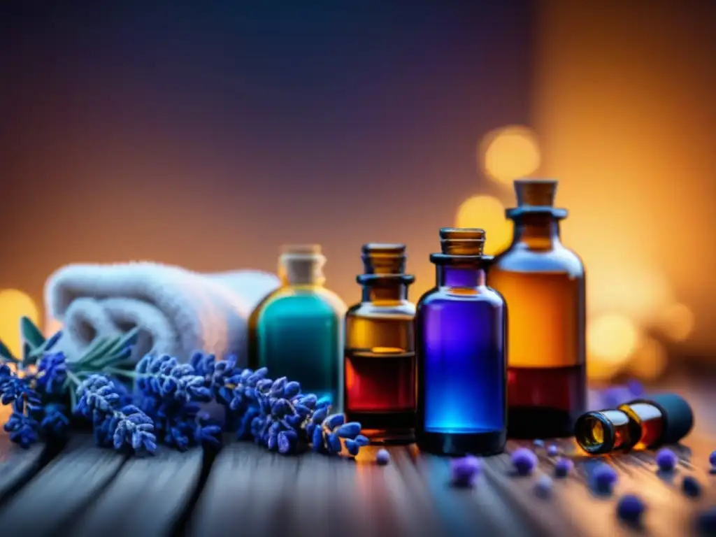Un oasis de tranquilidad: botellas de aceites esenciales rodeadas de lavanda y pétalos de rosa iluminados con suave luz natural