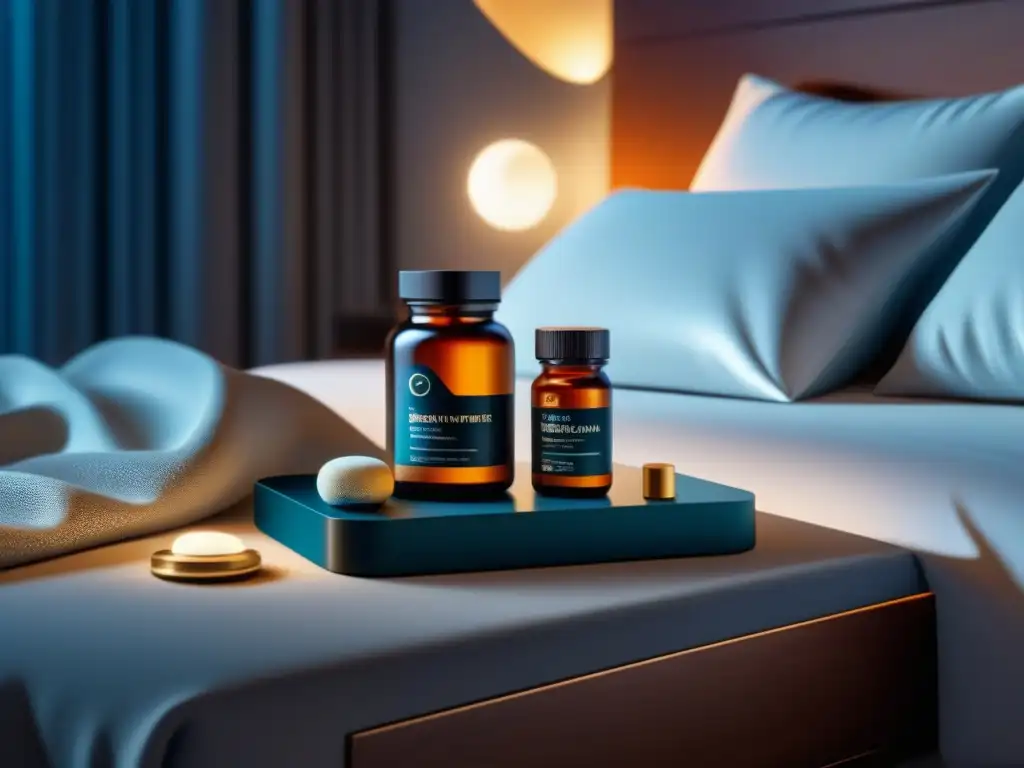 Un oasis de tranquilidad con suplementos para el sueño de calidad junto a una cama lujosa e invitadora