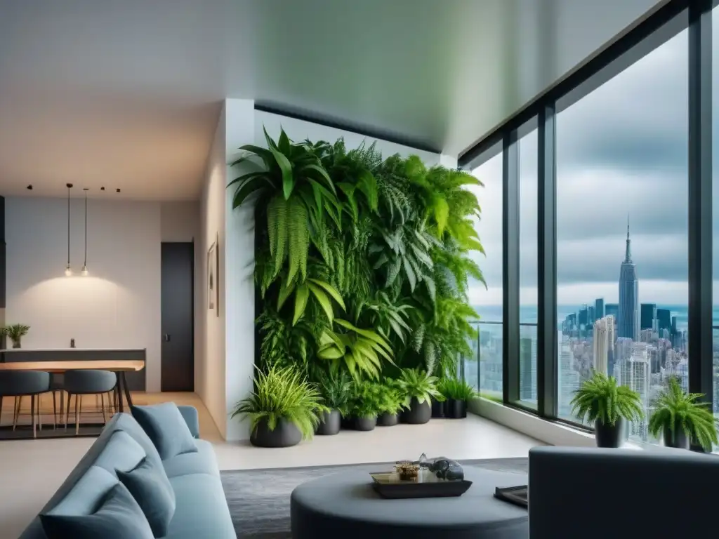 Jardín vertical minimalista en apartamento urbano Un oasis de tranquilidad en casa: jardín vertical con helechos, plantas araña y pothos
