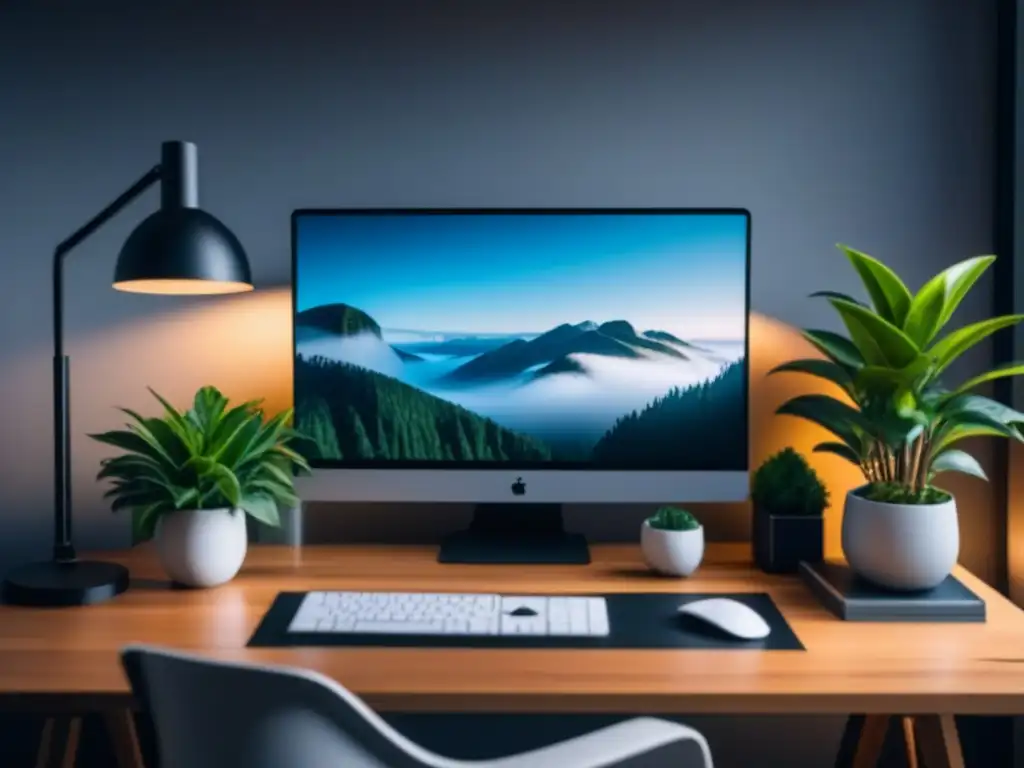 Oficina en casa ergonómica y moderna con plantas y luz Oficina en casa ergonómica con silla moderna, escritorio ajustable, dual monitor, planta y lámpara chic